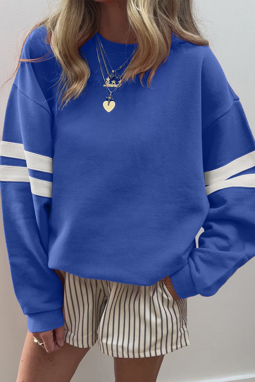 Fiery Red Preppy Striped Sleeve Loose Sweatshirt