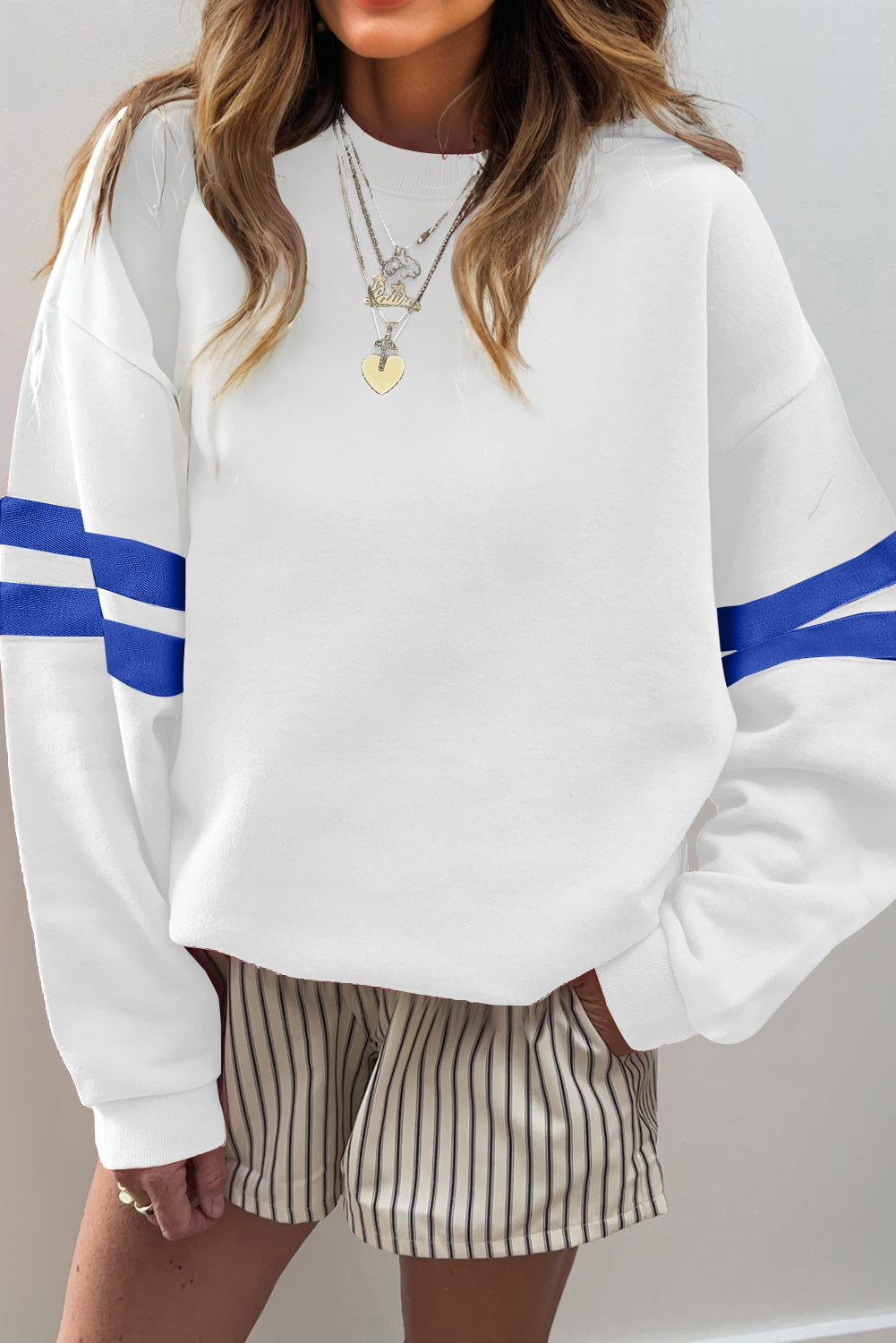 Fiery Red Preppy Striped Sleeve Loose Sweatshirt