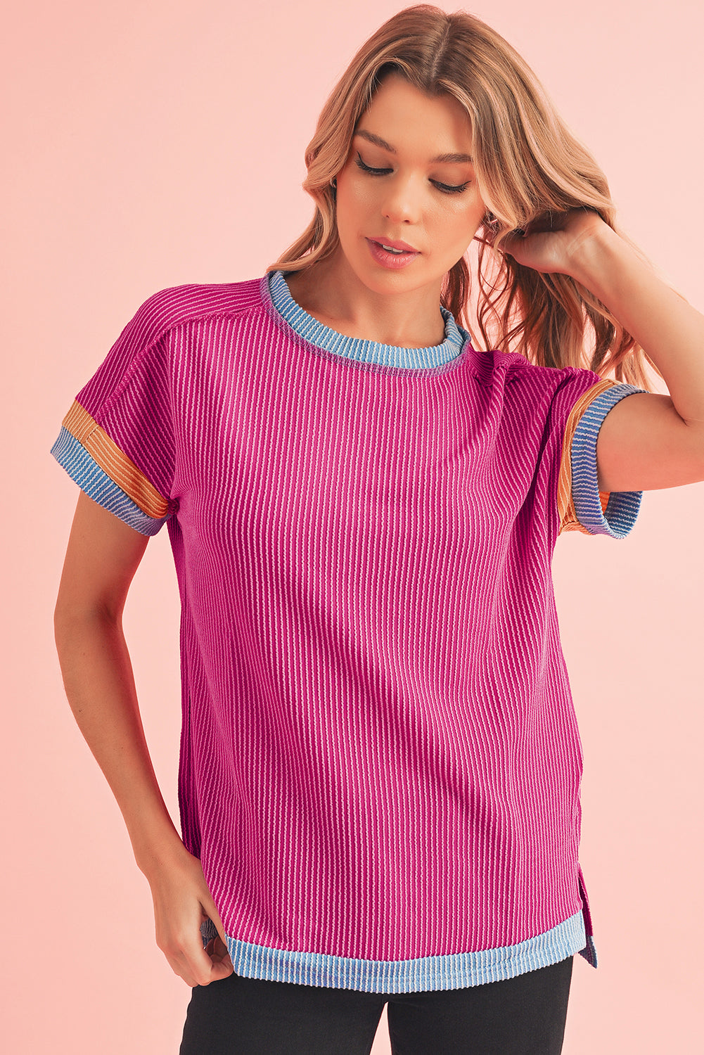 Light Pink Textured Colorblock Round Neck T Shirt