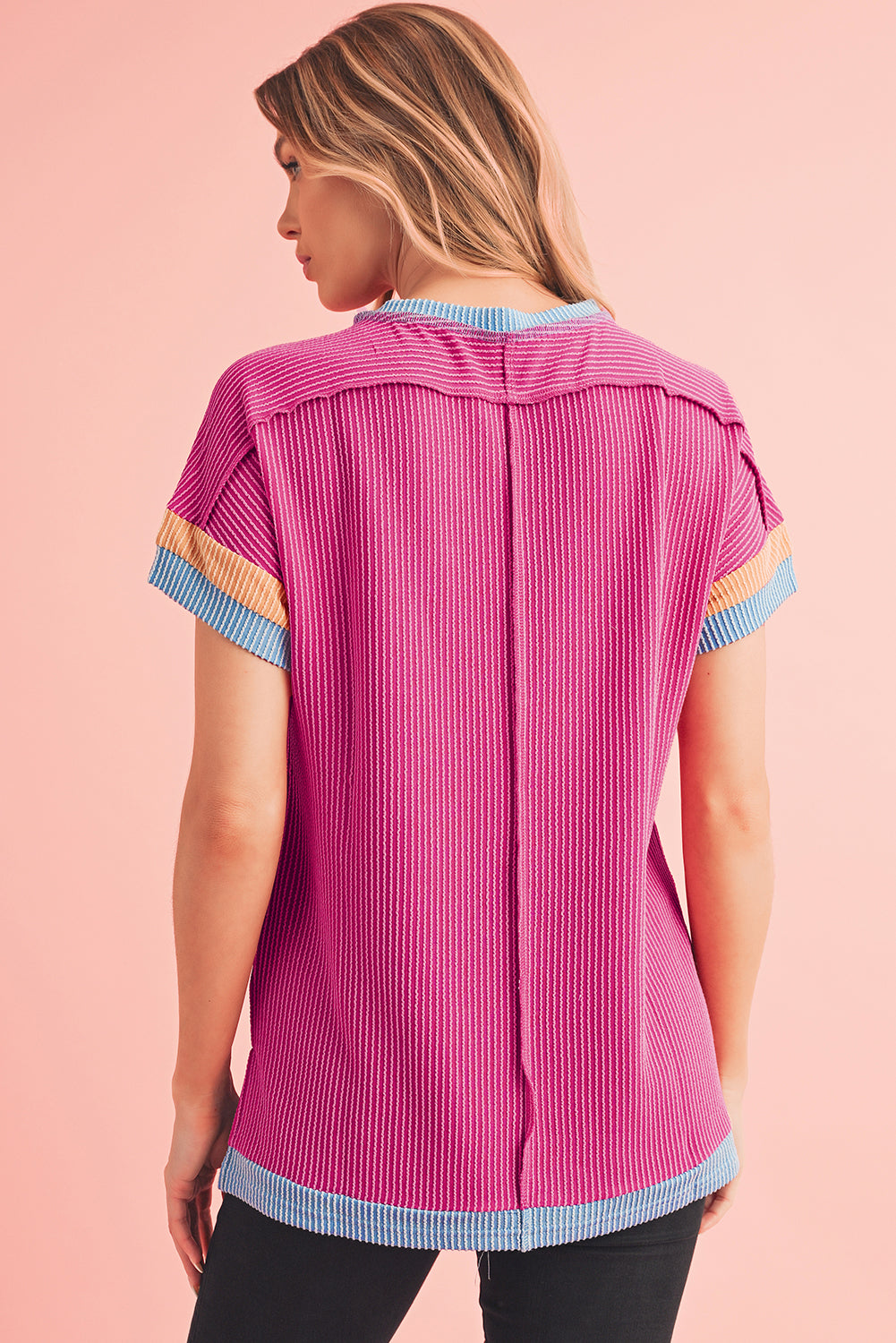 Light Pink Textured Colorblock Round Neck T Shirt