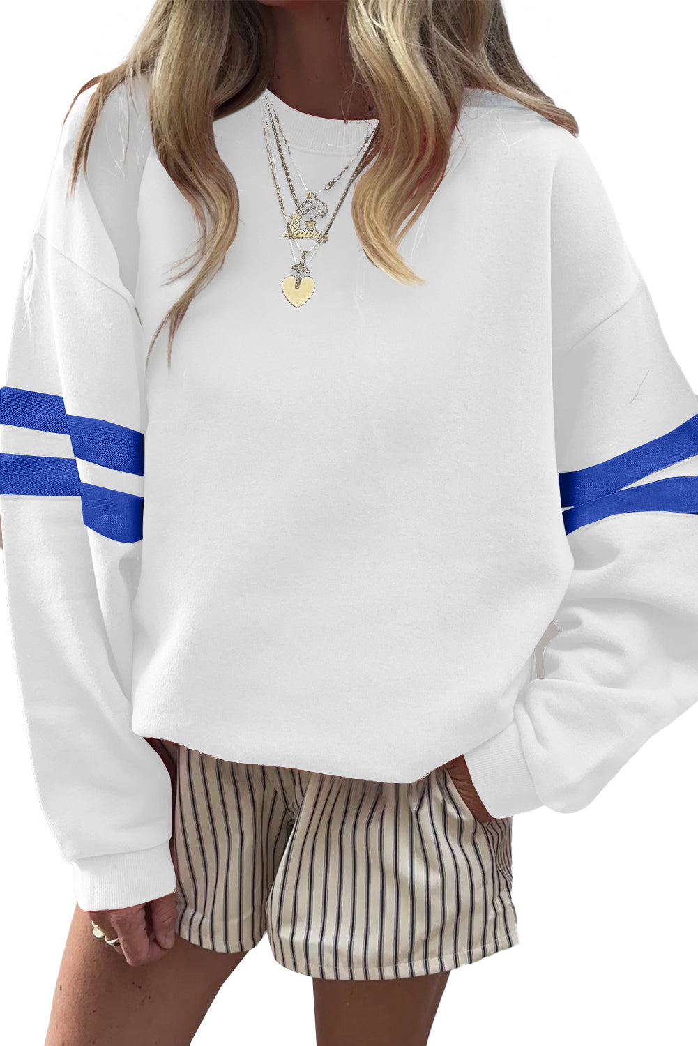 Fiery Red Preppy Striped Sleeve Loose Sweatshirt