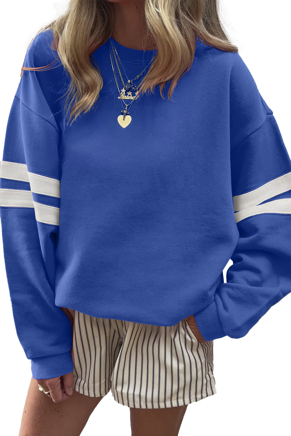 Fiery Red Preppy Striped Sleeve Loose Sweatshirt