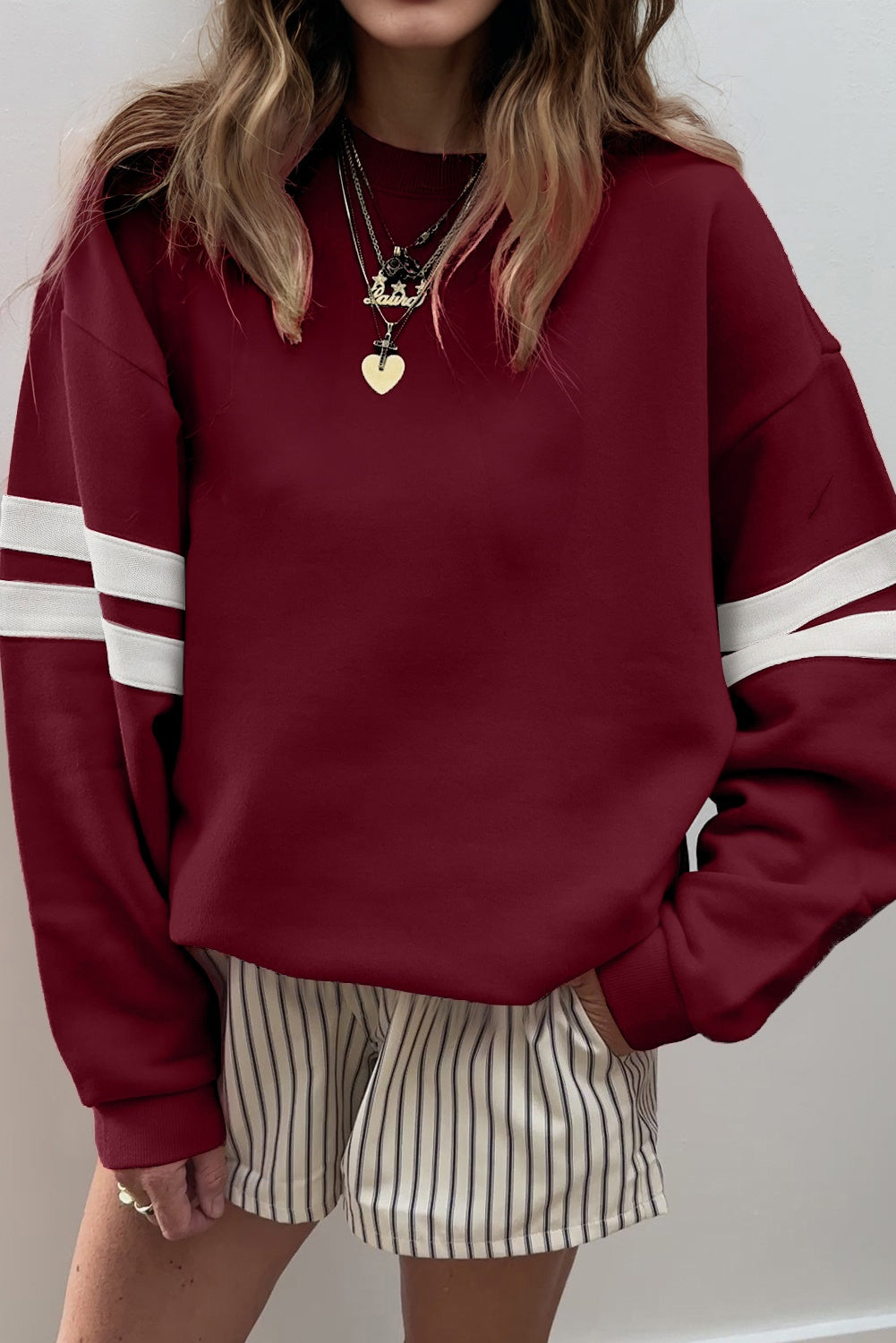 Fiery Red Preppy Striped Sleeve Loose Sweatshirt