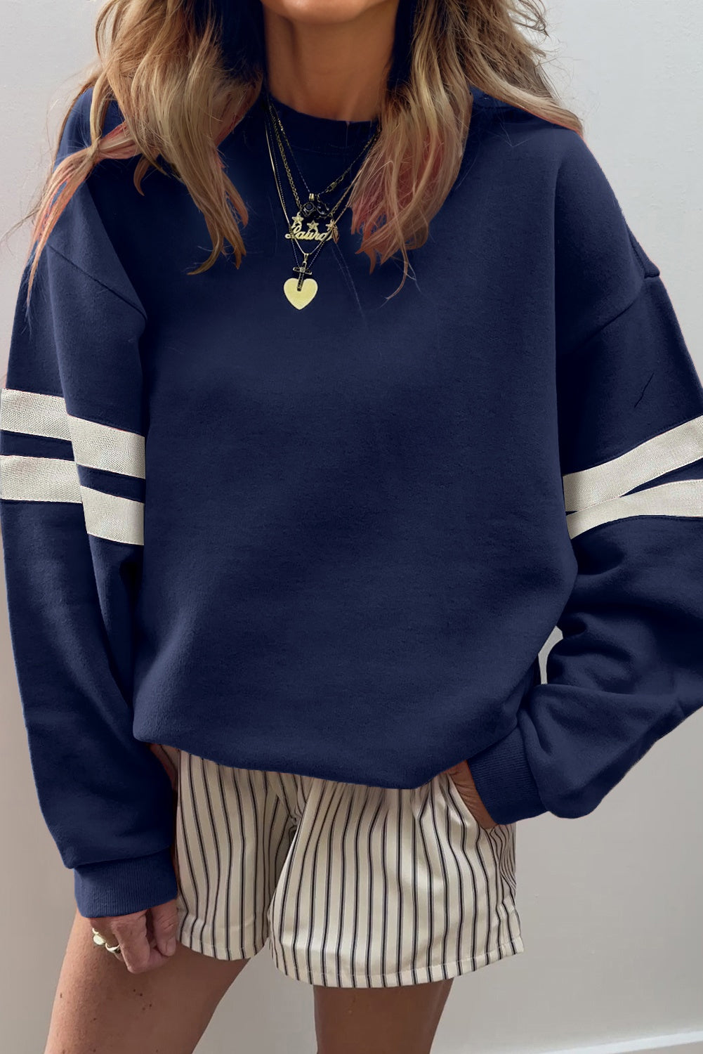 Fiery Red Preppy Striped Sleeve Loose Sweatshirt