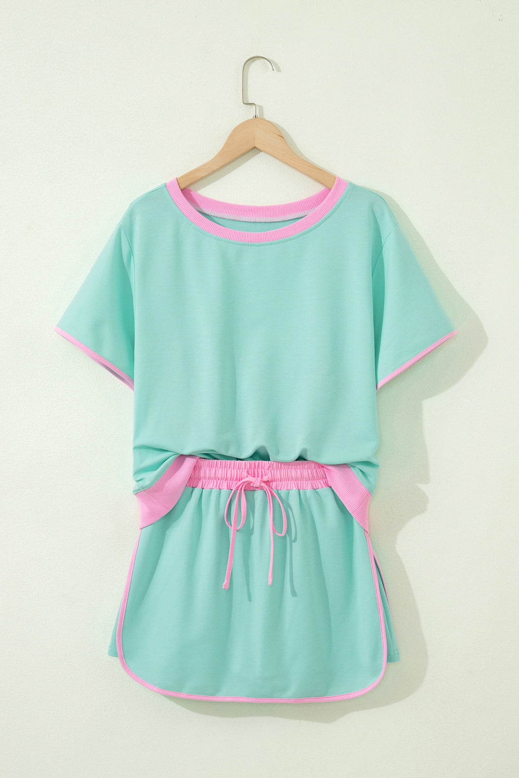 Turquoise Colorblock Edge Drop Shoulder T Shirt and Skort 2Pcs Set