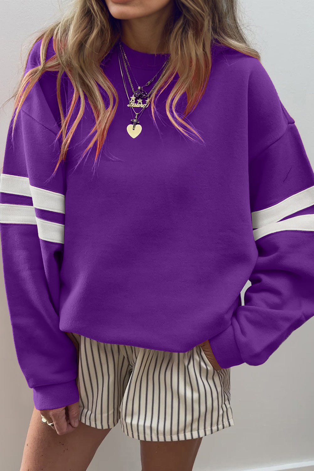 Fiery Red Preppy Striped Sleeve Loose Sweatshirt