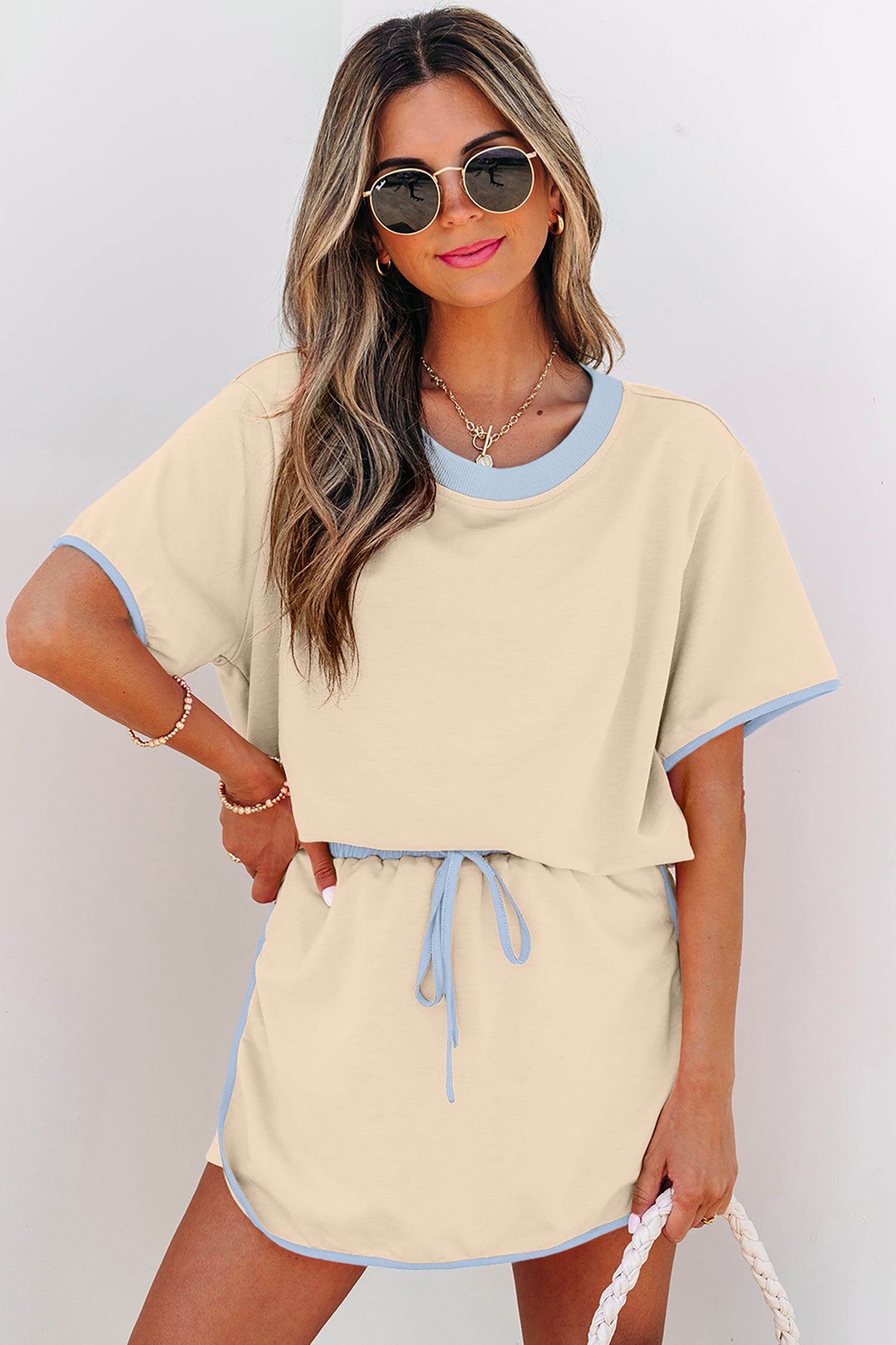 Turquoise Colorblock Edge Drop Shoulder T Shirt and Skort 2Pcs Set