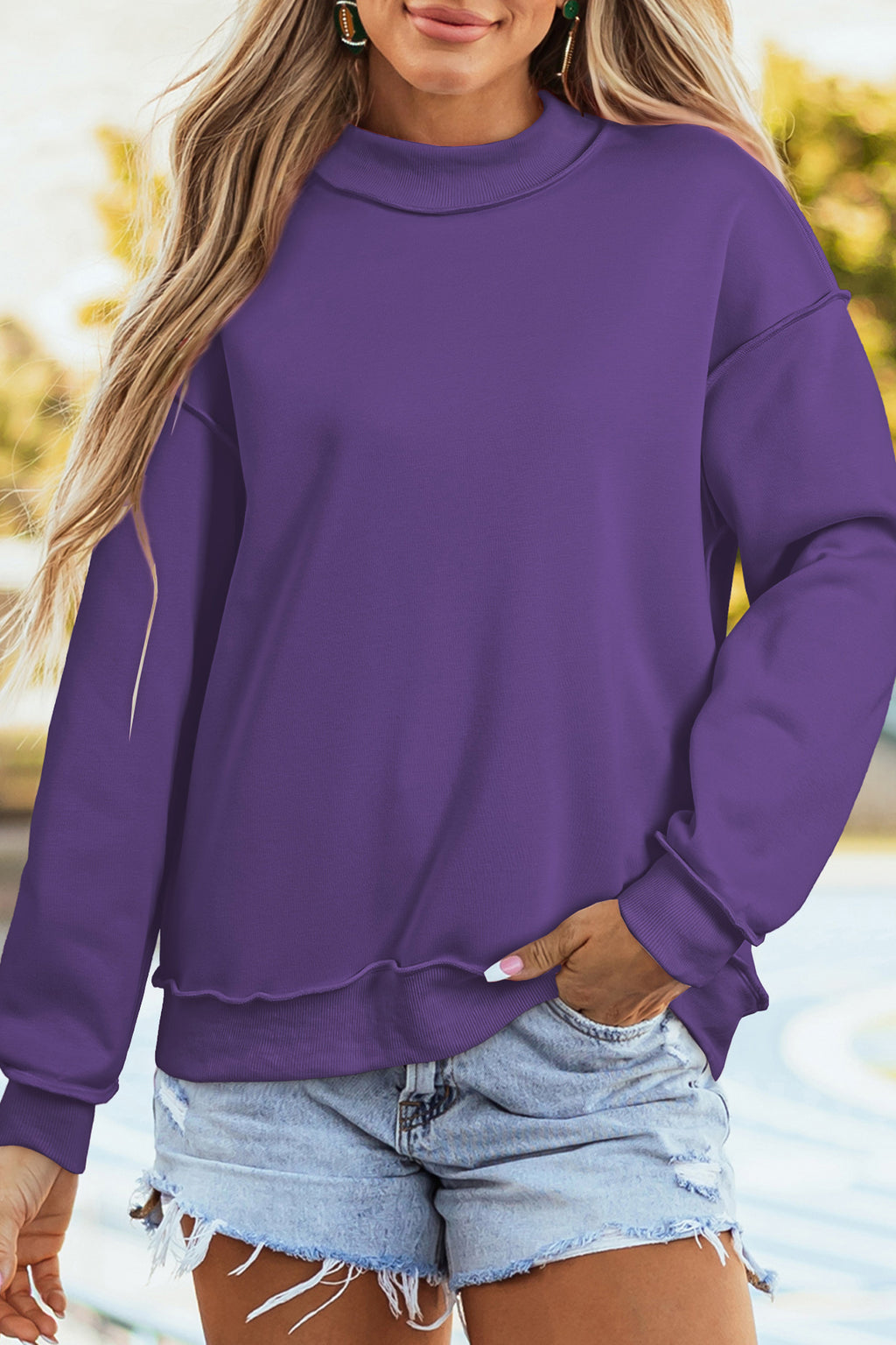 Dark Blue Oversize Drop Shoulder Reversible Mock Neck Sweatshirt