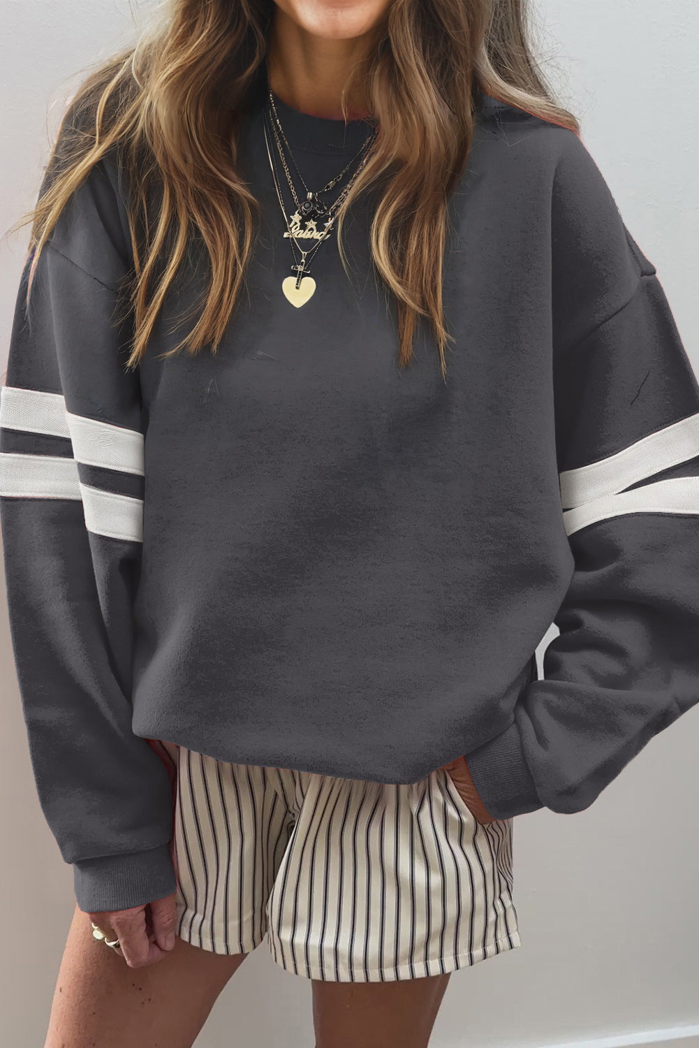 Fiery Red Preppy Striped Sleeve Loose Sweatshirt
