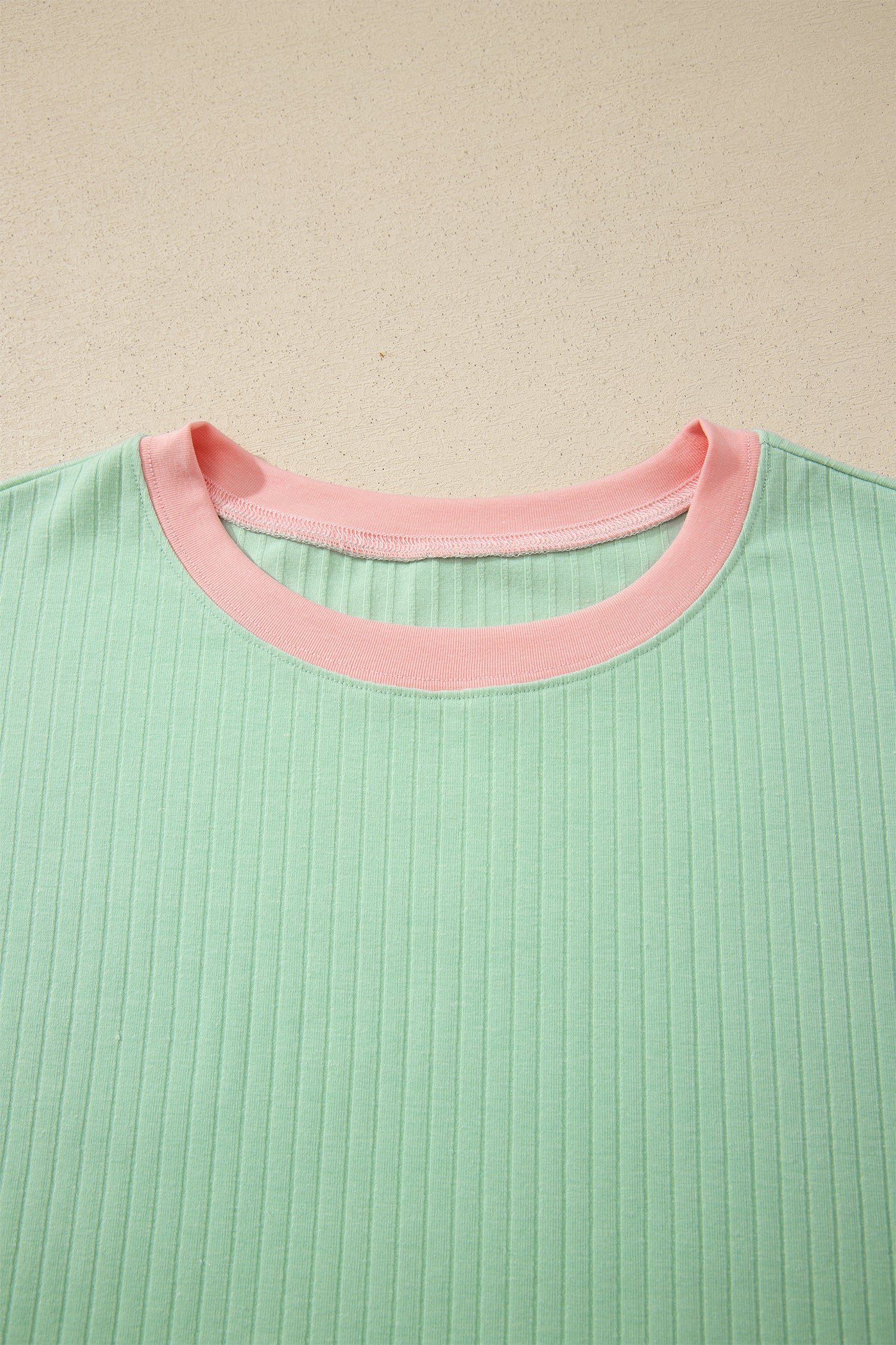 Sachet Pink Soft Ribbed Color Block Trim Casual Short Set