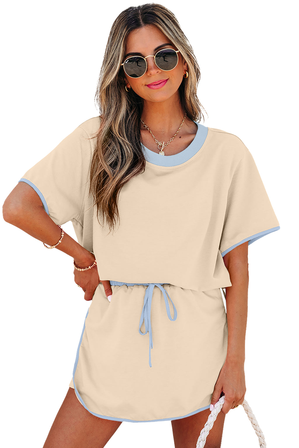Turquoise Colorblock Edge Drop Shoulder T Shirt and Skort 2Pcs Set
