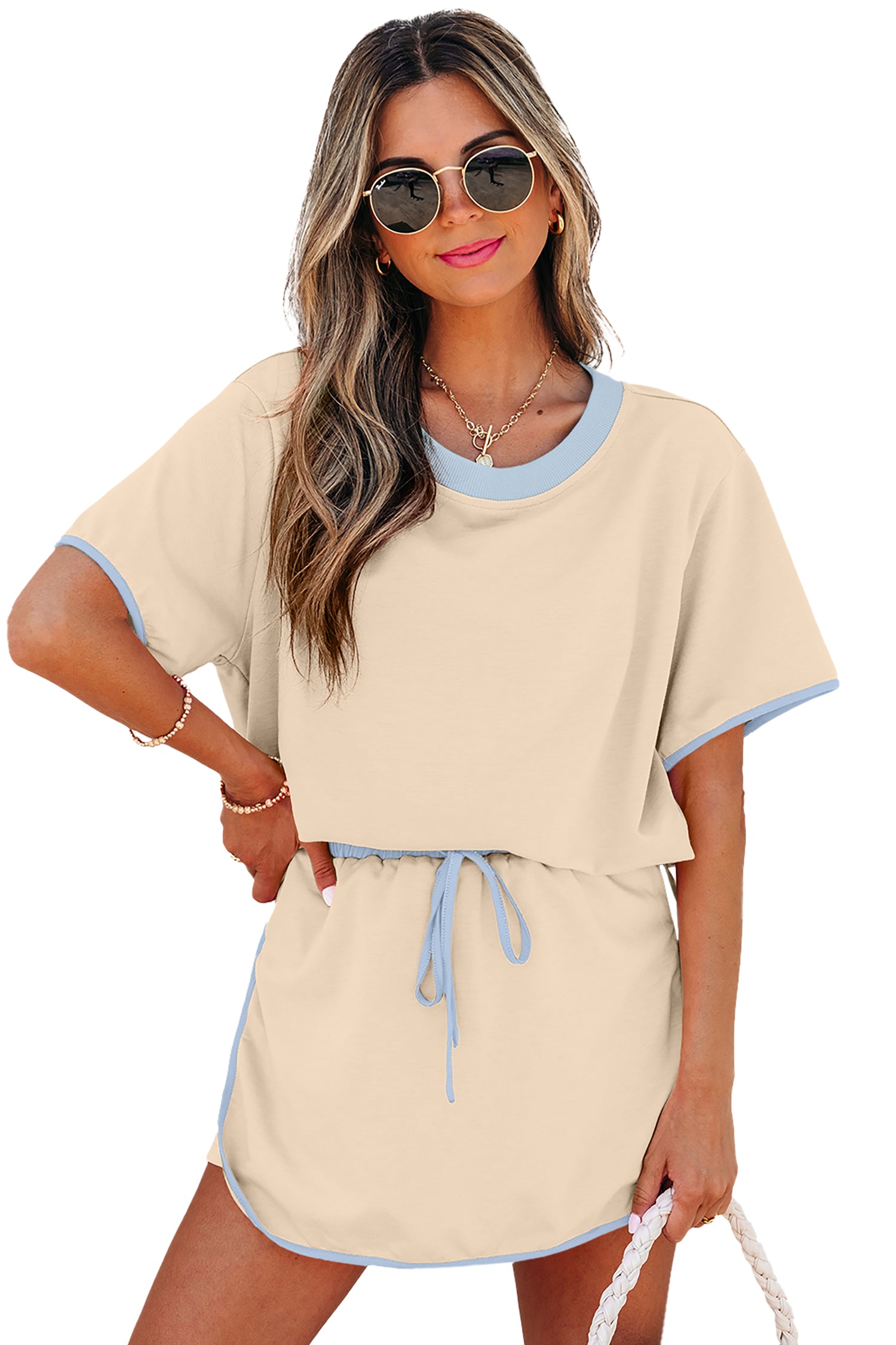 Turquoise Colorblock Edge Drop Shoulder T Shirt and Skort 2Pcs Set